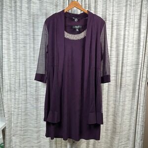 R&M Collection Purple Beaded Neckline Dress with Mesh Overlay Cardigan Set SZ 12